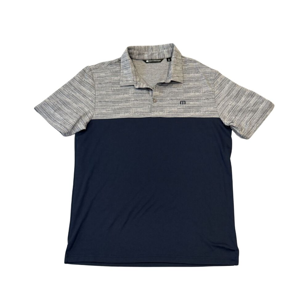 Travis Mathew Navy Blue Gray Colorblock Short Sleeve Polo Shirt Size L Golf Work